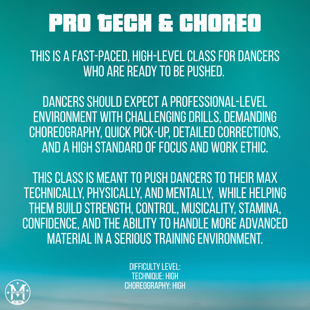 Teal gradient poster for 'Pro Tech & Choreo' describing a fast-paced, high-level dance class with demanding drills and choreography.