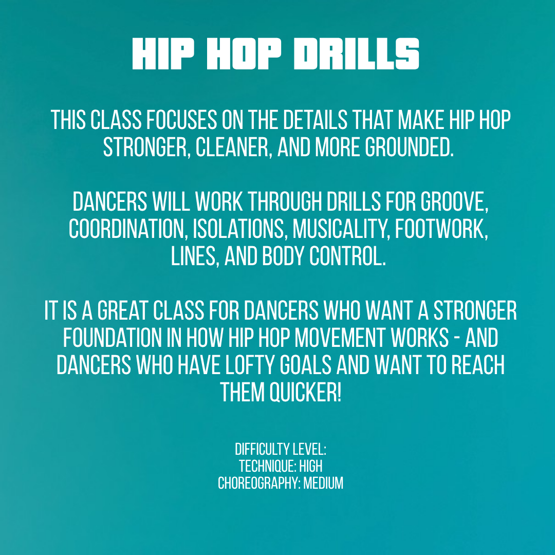Typography poster for a Hip Hop Drills class with teal gradient background and white text describing focus areas (groove, coordination, footwork, body control) and difficulty notes (high technique, medium choreography).