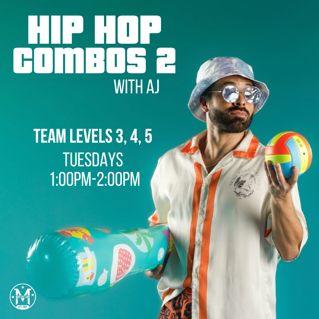 Promotional poster for Hip Hop Combos 2 with AJ, advertising Team levels 3–5 on Tuesdays 1:00–2:00 PM; person in tropical outfit holding a beach ball and float.