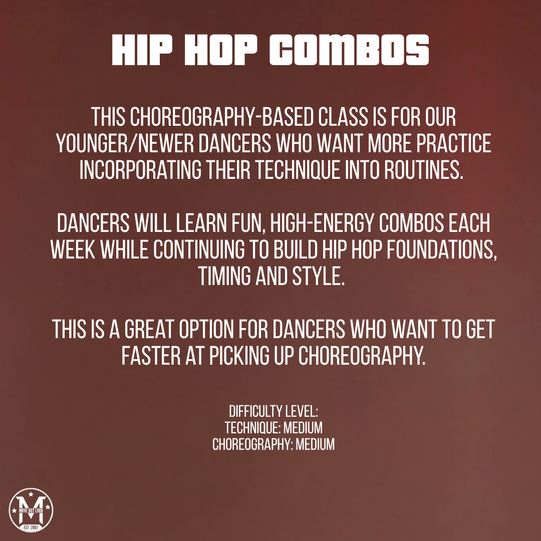 Poster titled HIP HOP COMBOS advertising a choreography-based hip hop class for young dancers with medium difficulty; logo in bottom-left.