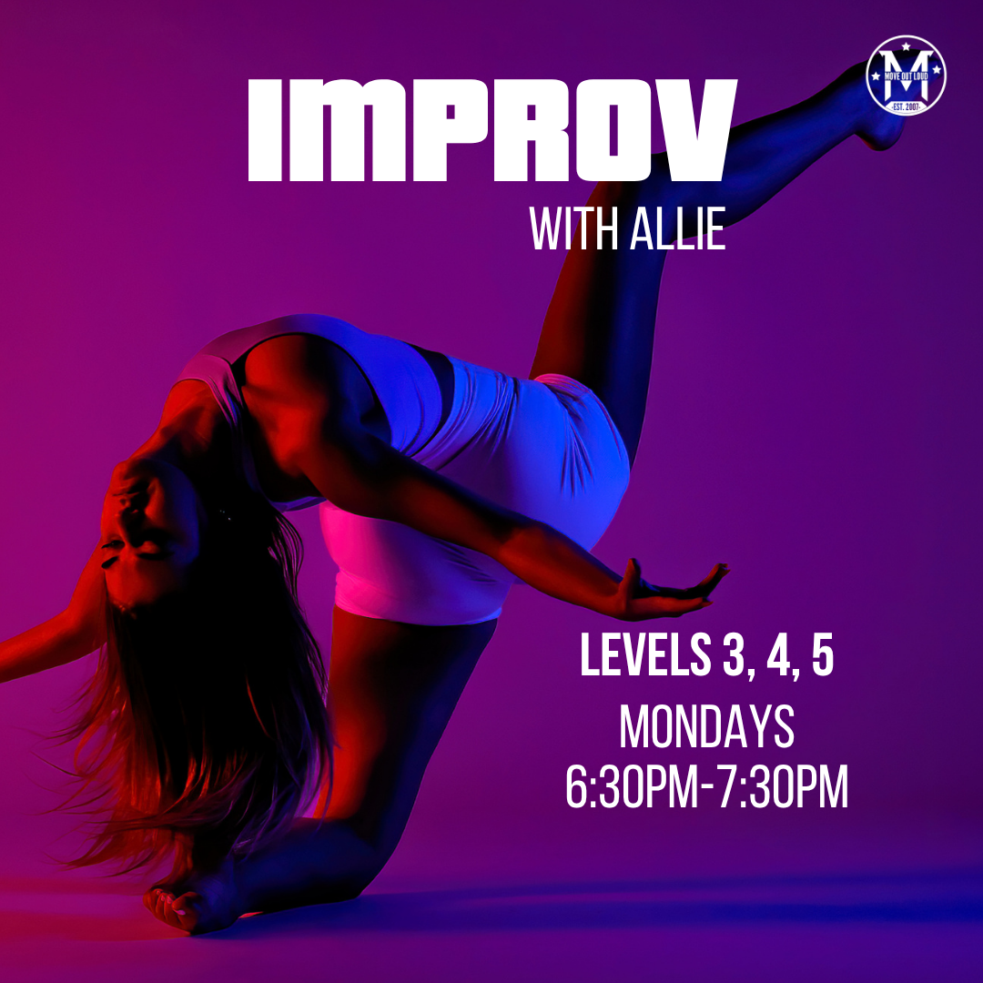 Promotional poster for Improv with Allie: Levels 3–5, Mondays 6:30–7:30 PM.