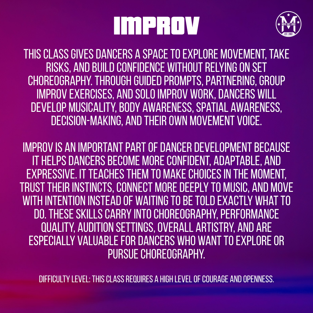 Promotional poster for an improv class describing movement, confidence, and exploration on a purple gradient background (high difficulty).