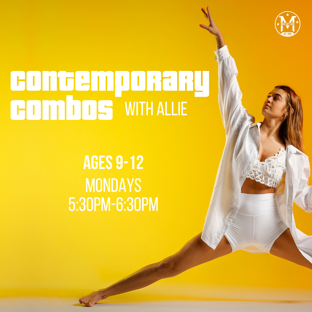 Dancer leaps on a bright yellow background; poster for 'Contemporary Combos with Allie' for ages 9–12, Mondays 5:30–6:30 PM.