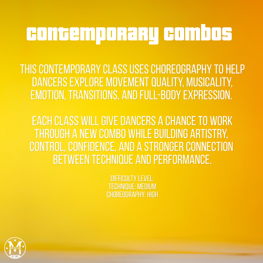 Poster for 'Contemporary Combos' dance class focusing on movement quality and expression, with difficulty levels included.