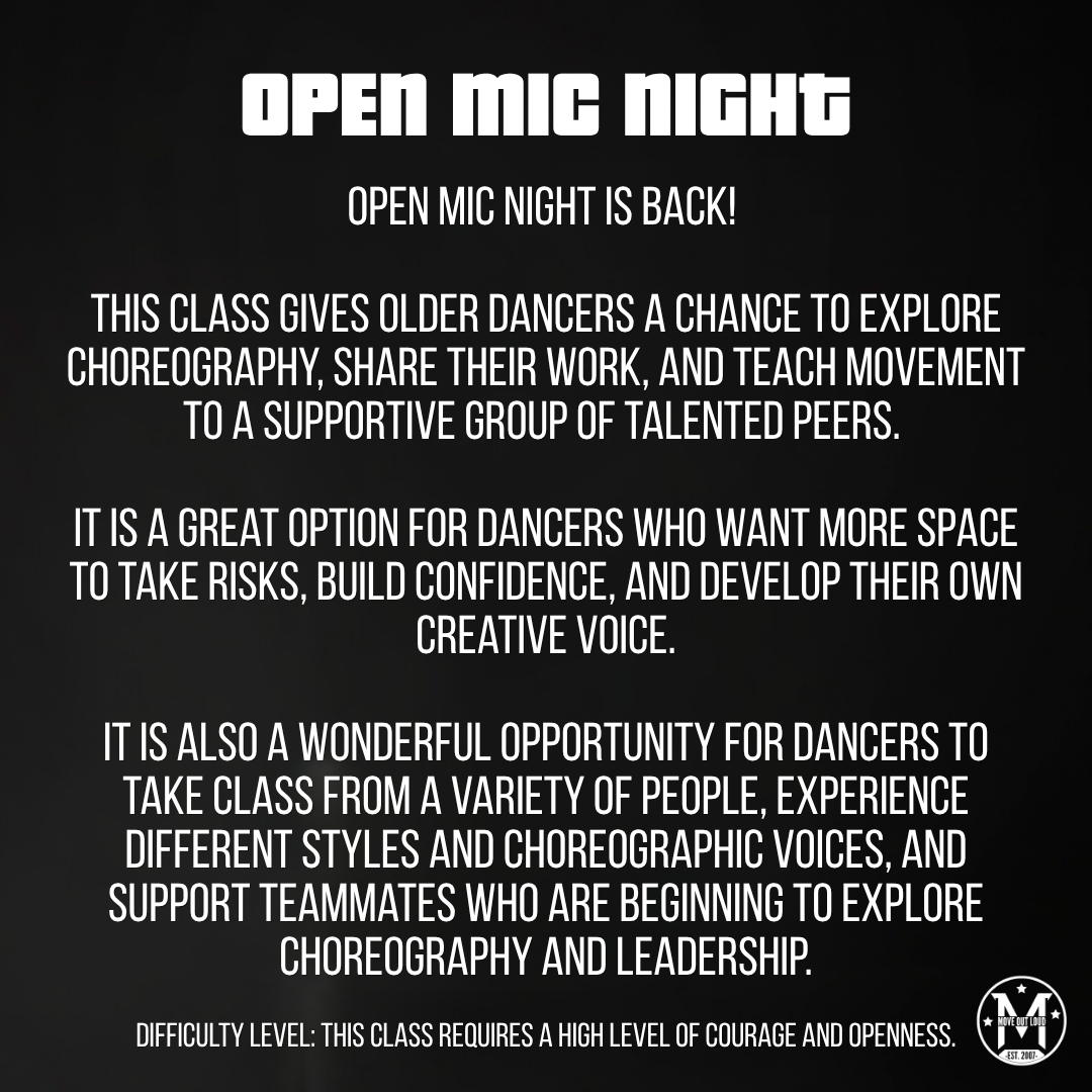 Poster announcing Open Mic Night for older dancers, describing the class benefits and logo at bottom-right for branding.