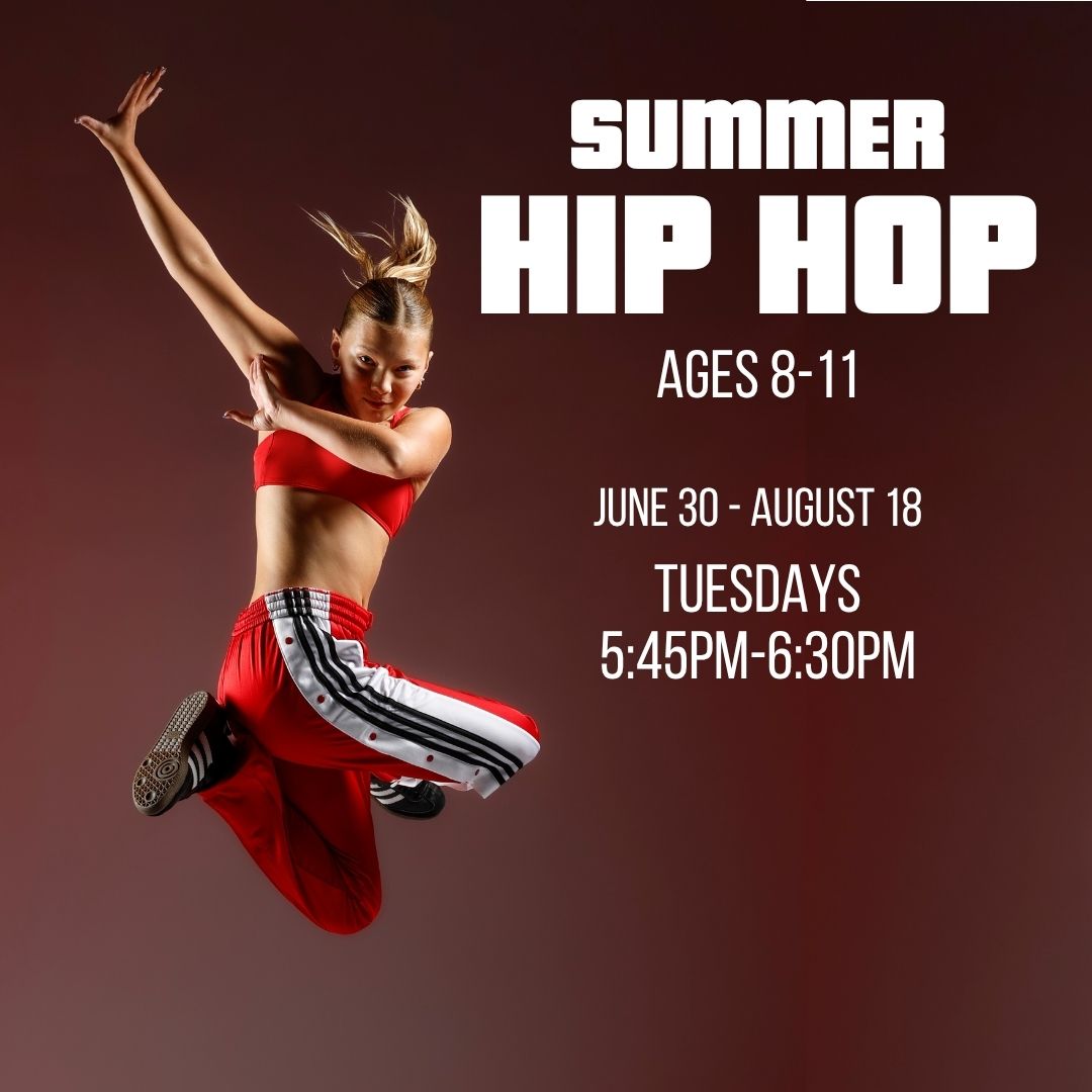 Jumping young dancer in red outfit on a dark gradient background promoting Summer Hip Hop for ages 8-11; includes dates and weekly Tuesday times 5:45–6:30 PM.