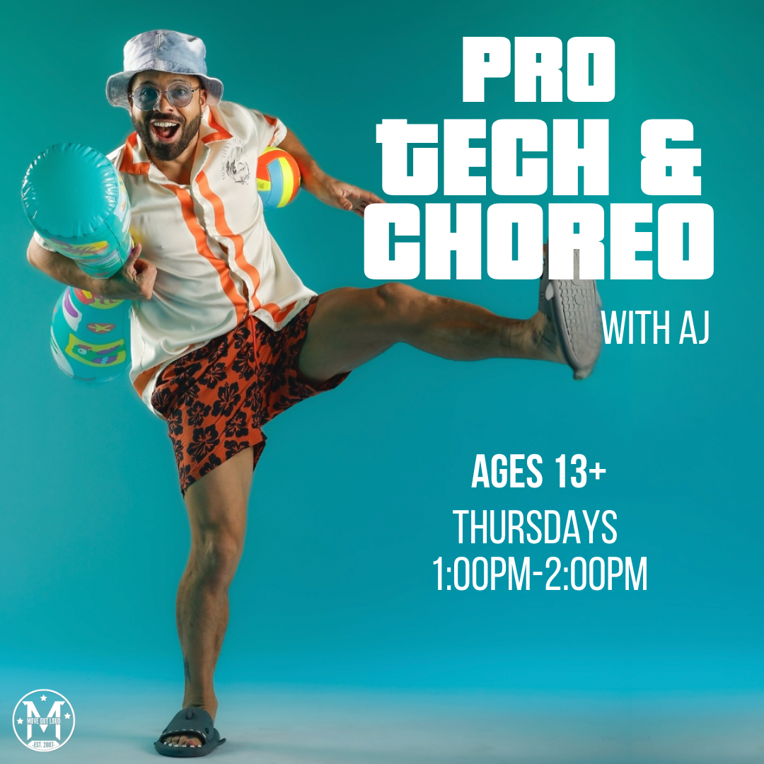 Promotional poster showing a man in beachwear mid-kick against a teal background, with bold text: 'PRO TECH & CHOREO with AJ' and details 'Ages 13+, Thursdays 1:00–2:00 PM'