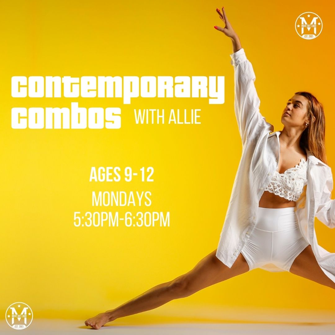 Dance class poster: contemporary combos with Allie for ages 9–12, Mondays 5:30–6:30 PM on a bright yellow background with a dancer in white.