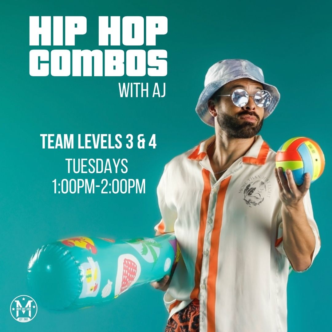 Hip Hop Combos with AJ promotional poster featuring a man in a tropical shirt, sunglasses, holding a colorful pool ball and float against a teal background.