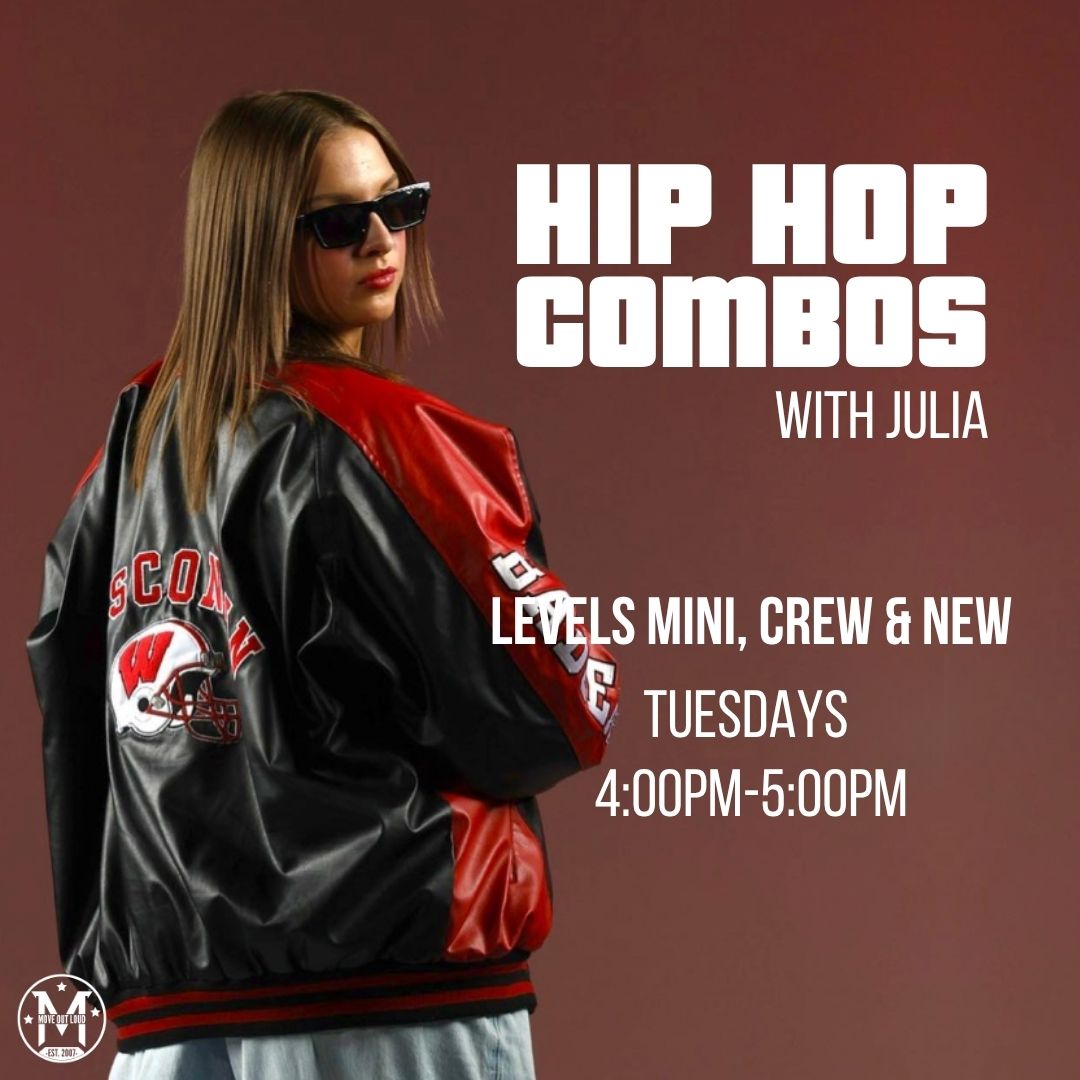 Promotional poster for Hip Hop Combos with Julia; person wearing a black and red varsity jacket against a brown background.