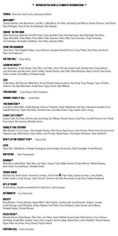 Playbill-style poster listing song titles and cast names for a show, including Conga, Singin’ in the Rain, The Monsters, Curtain Call, and many other numbers with performers.