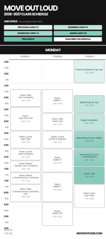 Move Out Loud 2026–27 class schedule page with age level buttons and a Monday timetable across three studios (A, B, C).