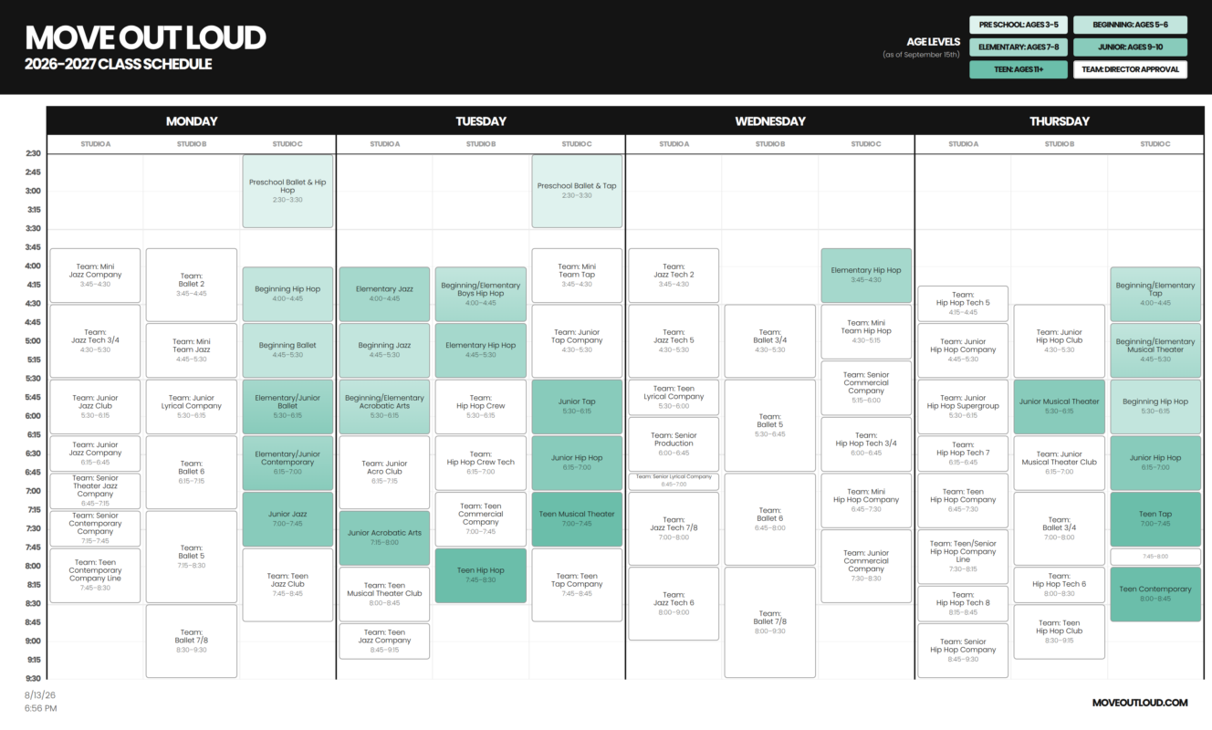 Move Out Loud 2026–2027 class schedule grid showing weekly time slots and studio columns (A–D) with color-coded class blocks across Mon–Thu.