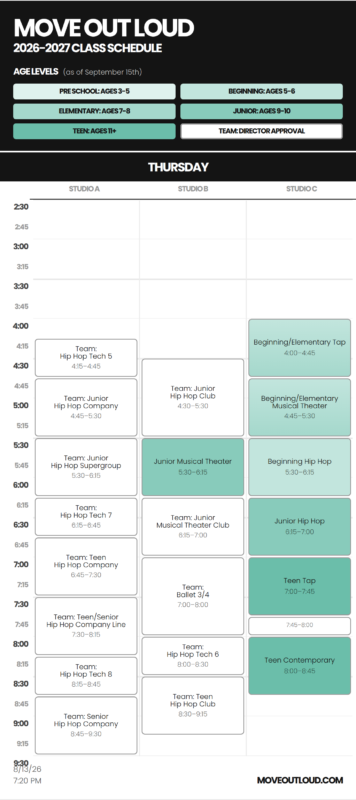 Move Out Loud 2026–2027 class schedule for Thursday showing studio columns and time slots with multiple dance classes and team sessions as colored blocks.