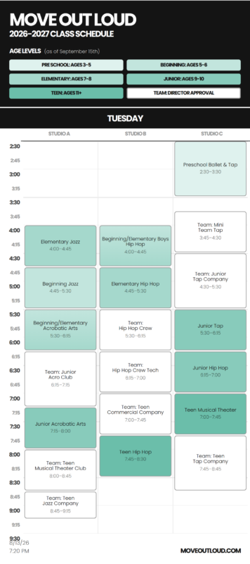 Move Out Loud 2026–2027 class schedule header with age levels and a Tuesday timetable showing Studio A–C blocks and time slots.