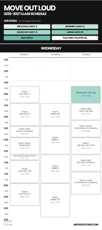 Move Out Loud 2026–2027 class schedule header with age level buttons and Wednesday timetable below (Studio A/B/C columns).
